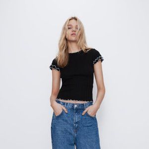 Zara Black Top/Tee White Seams Size M